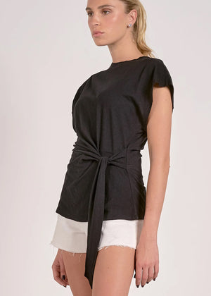 Cap Sleeve Waist Tie Top in Black - Elan