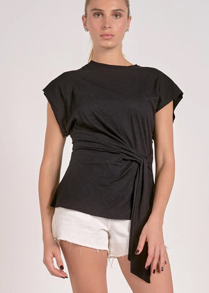 Cap Sleeve Waist Tie Top in Black - Elan