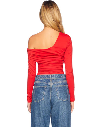 One Off Shoulder Long Sleeve Top in Red - Susana Monaco