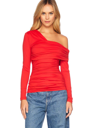 One Off Shoulder Long Sleeve Top in Red - Susana Monaco