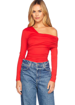 One Off Shoulder Long Sleeve Top in Red - Susana Monaco