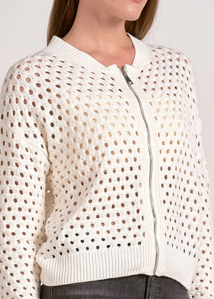 Perforated Zip Cardigan in White - Elan