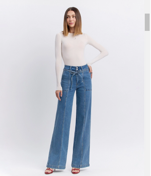 Hi Rise Tie Waistband wide leg jean - Vervet