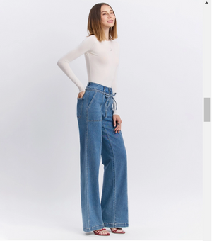 Hi Rise Tie Waistband wide leg jean - Vervet